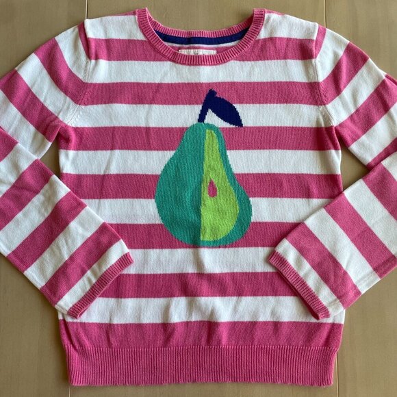 Mini Boden Girl's 100% Cotton Pink & White Striped Pear Fruit Sweater - Size 7-8 - Picture 2 of 7